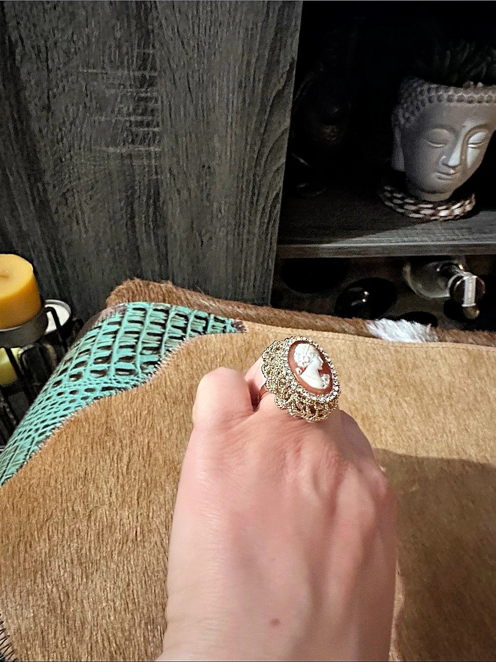 Cameo Statement Ring in Gold & White Like New - Picture 2 of 6